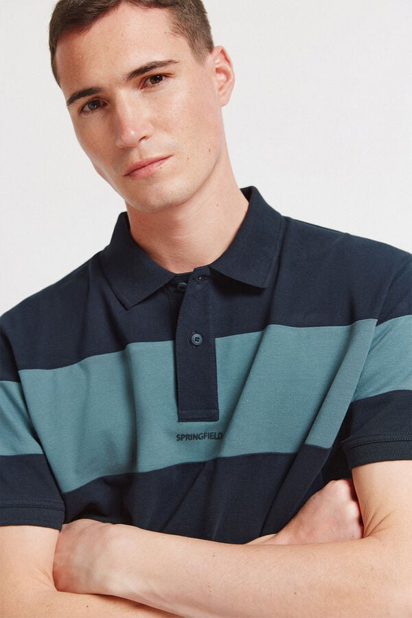 Springfield Colour block piqu&eacute; regular fit polo shirt blue