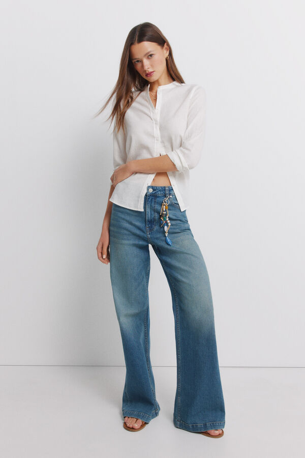 Springfield Linen long sleeve mandarin collar shirt brown