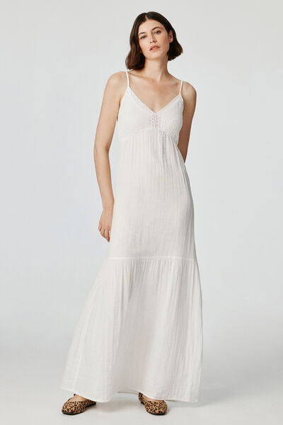 Springfield Damen-Midi-Kleid 100 % Baumwolle Weiß