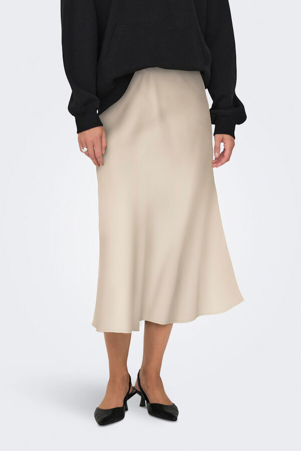 Only Falda midi sat&eacute;n beige