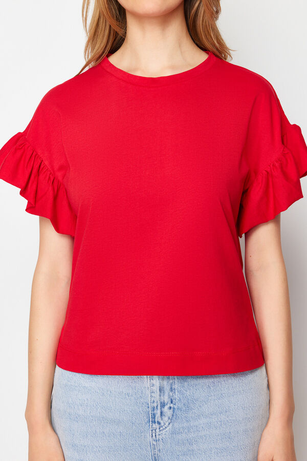 Trendyol Camiseta manga corta con volantes rojo