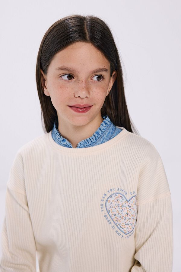 Springfield Camiseta rib corazón niña beige