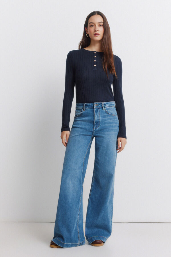 Springfield Ribbed buttons neck T-shirt blue