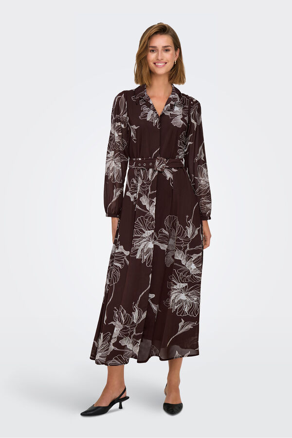 Only Vestido largo camisero de gasa burdeos