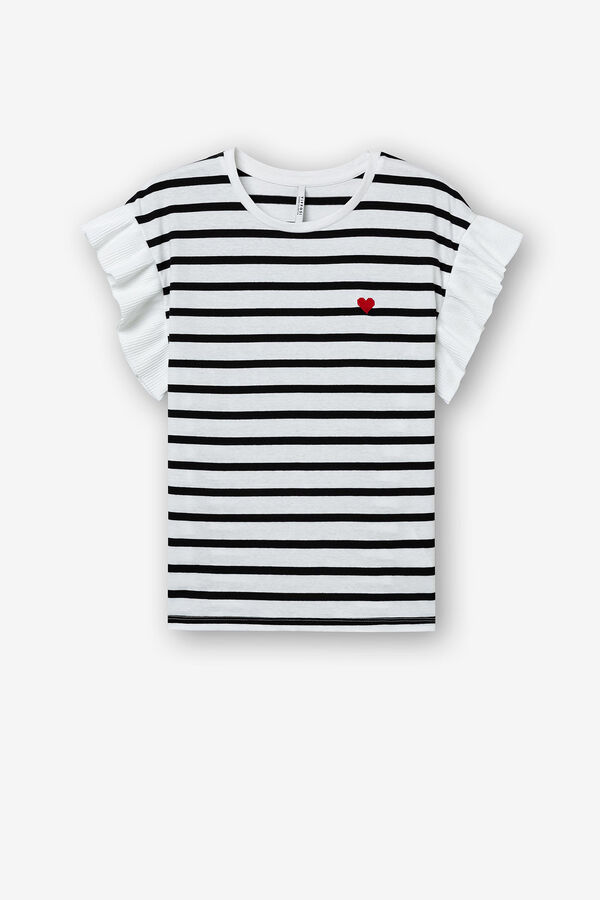 Springfield T-Shirt Streifen mit Herz-Stickerei blanco