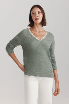 Springfield Pull fin col en V en dentelle vert