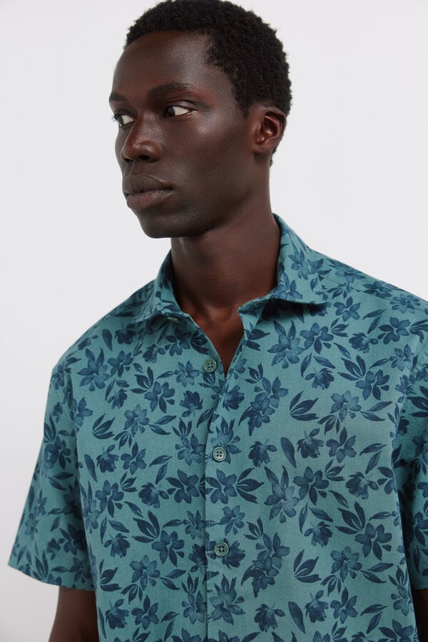 Springfield Printed linen short sleeve shirt blue