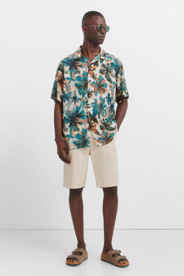 Springfield Floral print viscose short sleeve shirt grey