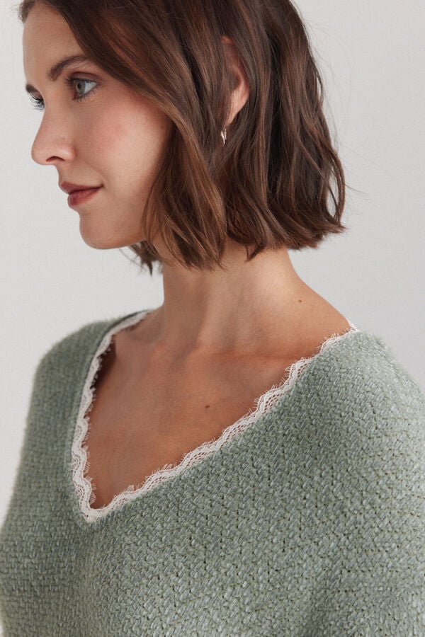 Springfield Pull fin col en V en dentelle vert