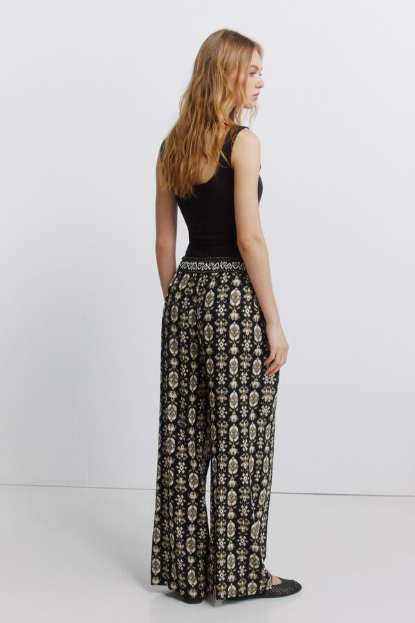 Springfield Printed rustic drawstring trousers black