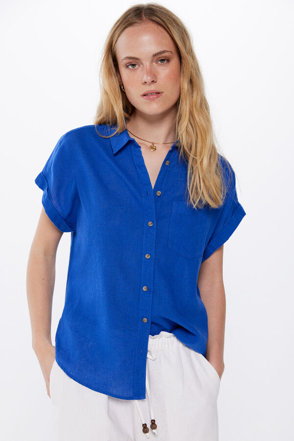 Springfield Short-sleeved cotton blouse with pocket petrol