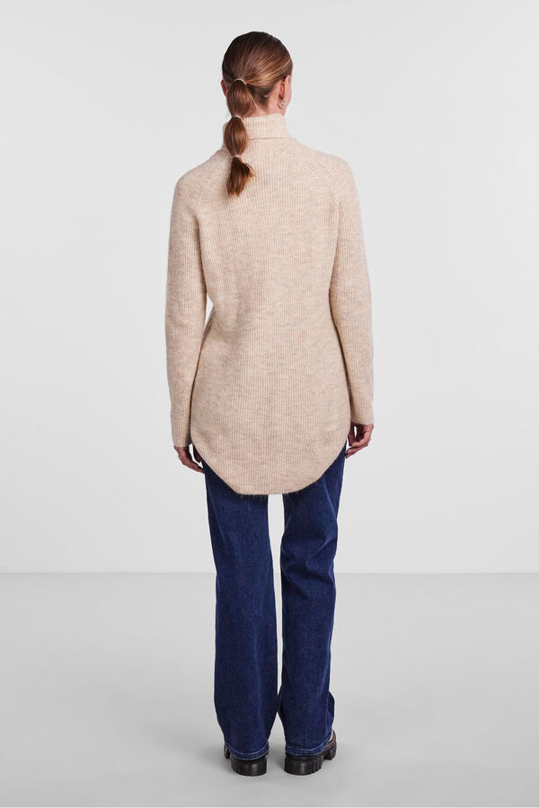 Pieces Camisola comprida gola dobrada bege