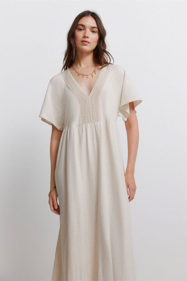 Springfield Crochet linen midi dress nude