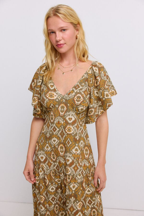 Springfield Printed ruffle midi dress beige