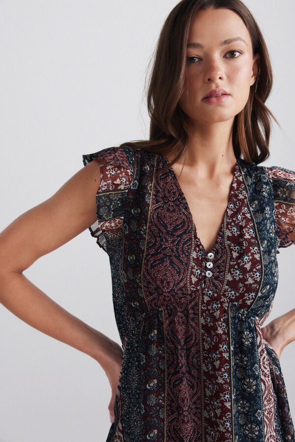 Springfield Border print ruffle dress blue