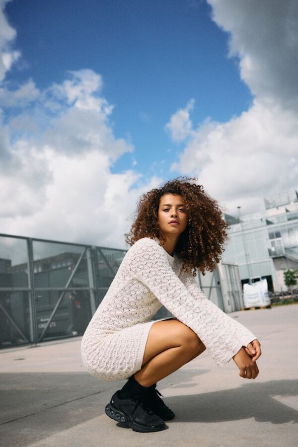 Noisy May Pointelle knit long sleeve dress grey