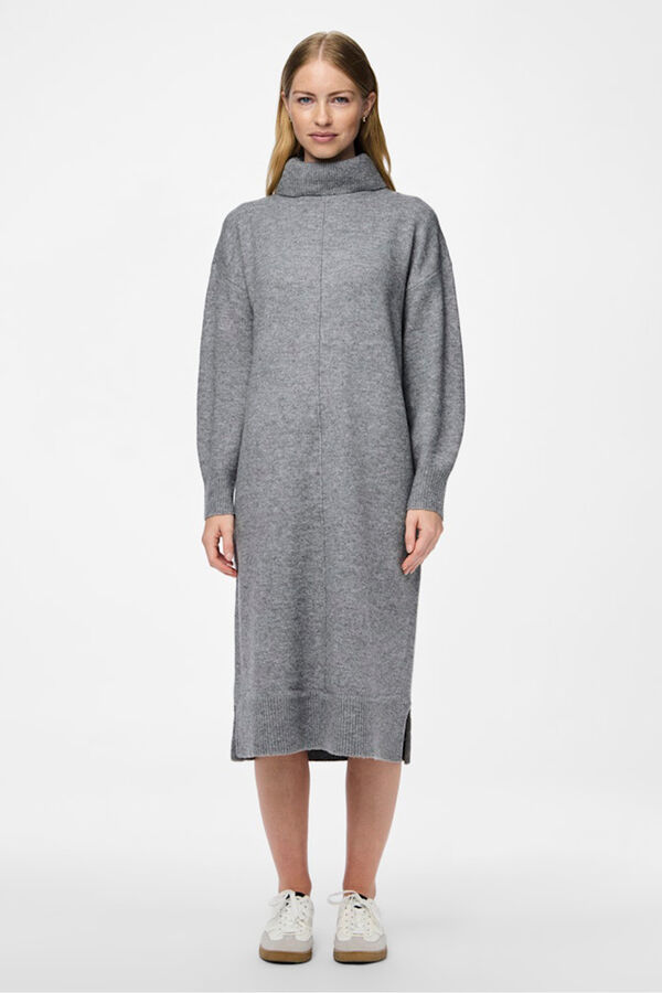 Pieces Vestido midi de malha com gola alta cinzento