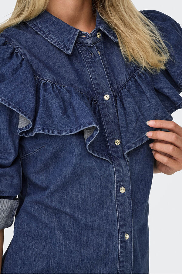 Only denim shirt with ruffle blue
