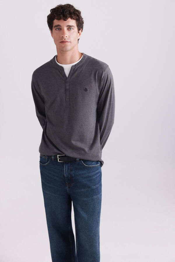 Springfield Double neck Henley long sleeve T-shirt grey