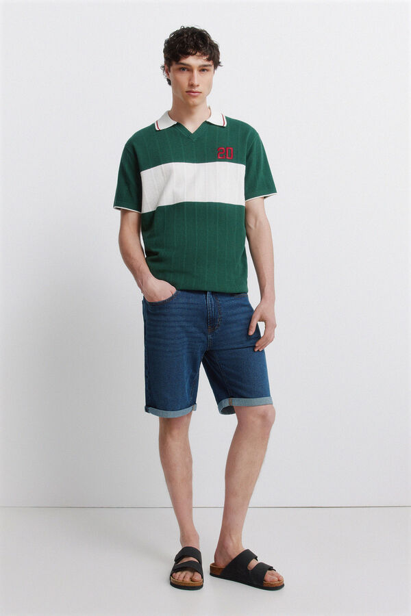 Springfield Dark wash basic slim fit denim Bermuda shorts blue