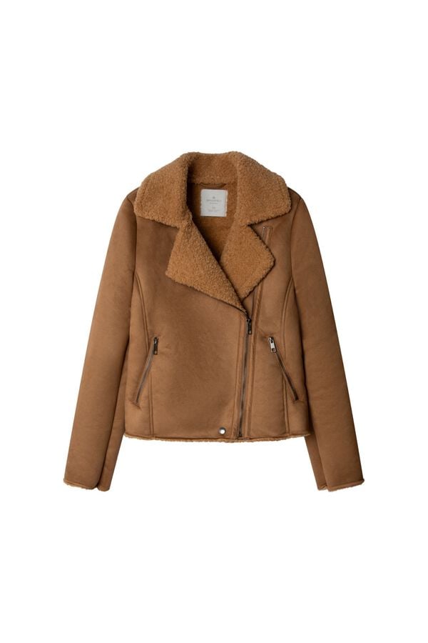 Springfield Short faux suede faux shearling coat nude