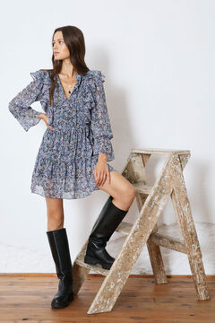 Springfield Printed dress with double ruffle bluish