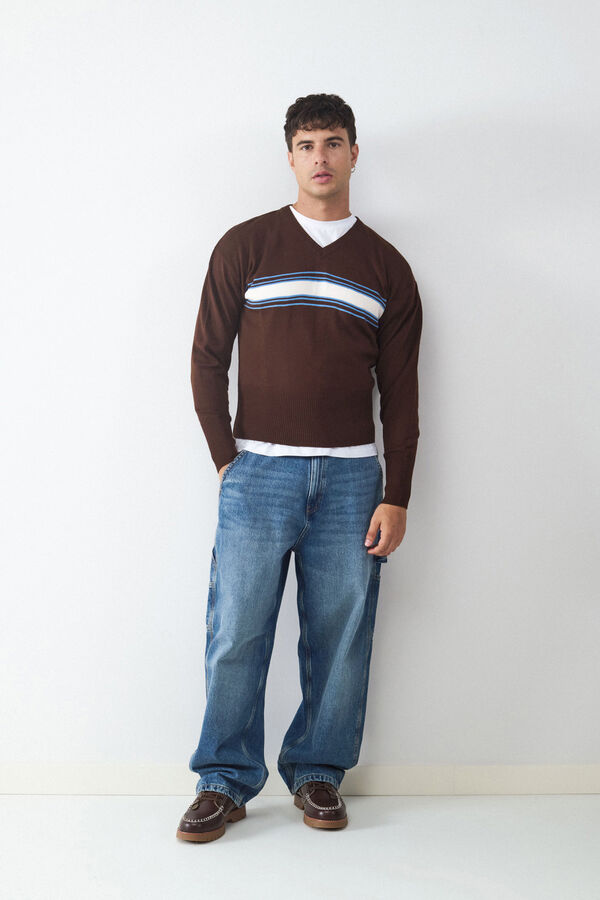 Balmohk Striped V-Neck Sweater grey