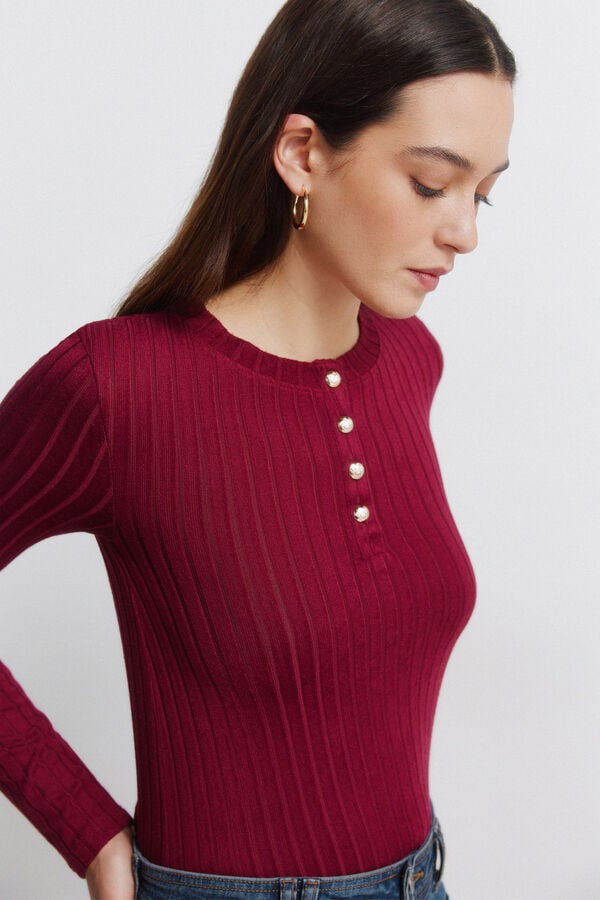 Springfield Camiseta canalé cuello botones marrón