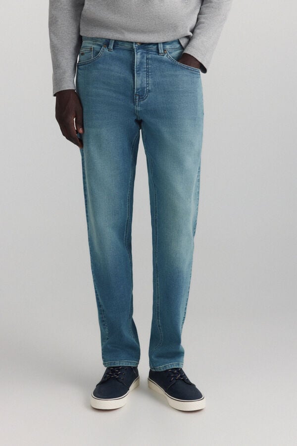 Springfield Mid-wash overdyed knit denim slim fit jeans blue