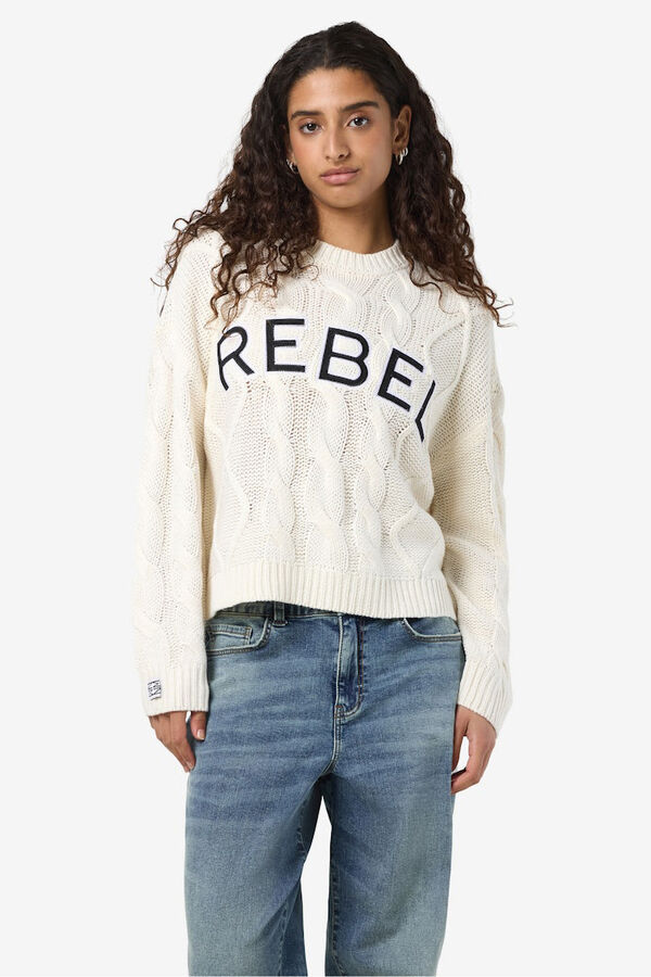 Noisy May College embroidered cross-knit sweater gris