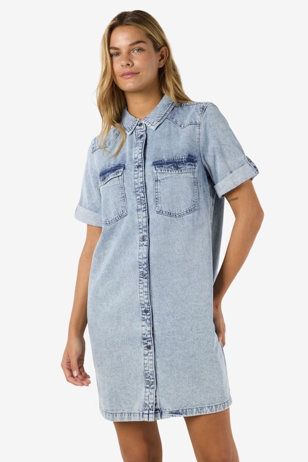 Noisy May Denim short sleeve collared front pocket dress blue