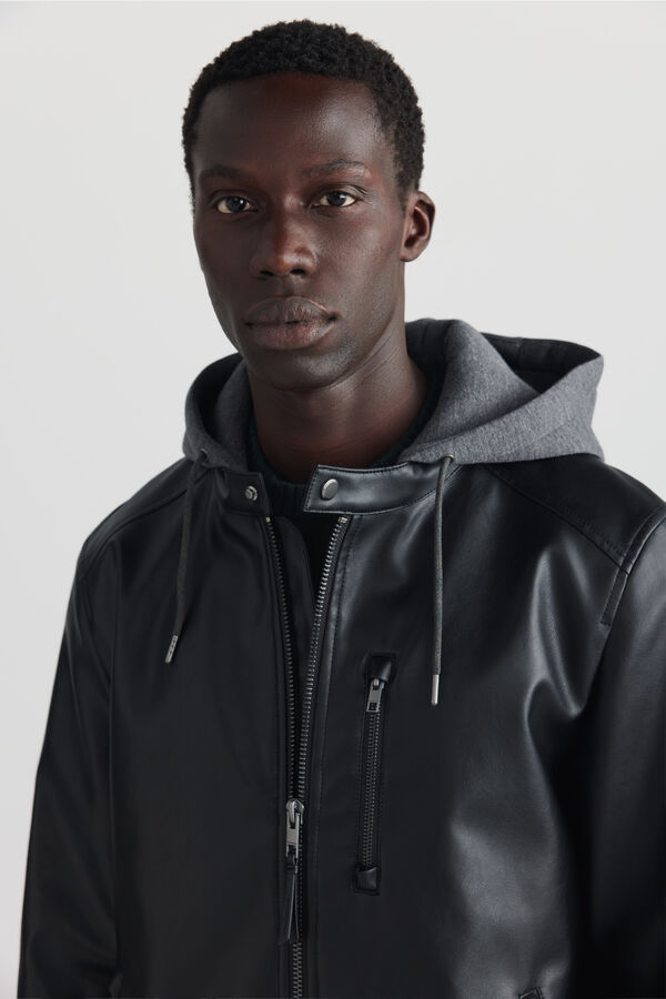 Springfield Faux leather hooded jacket black