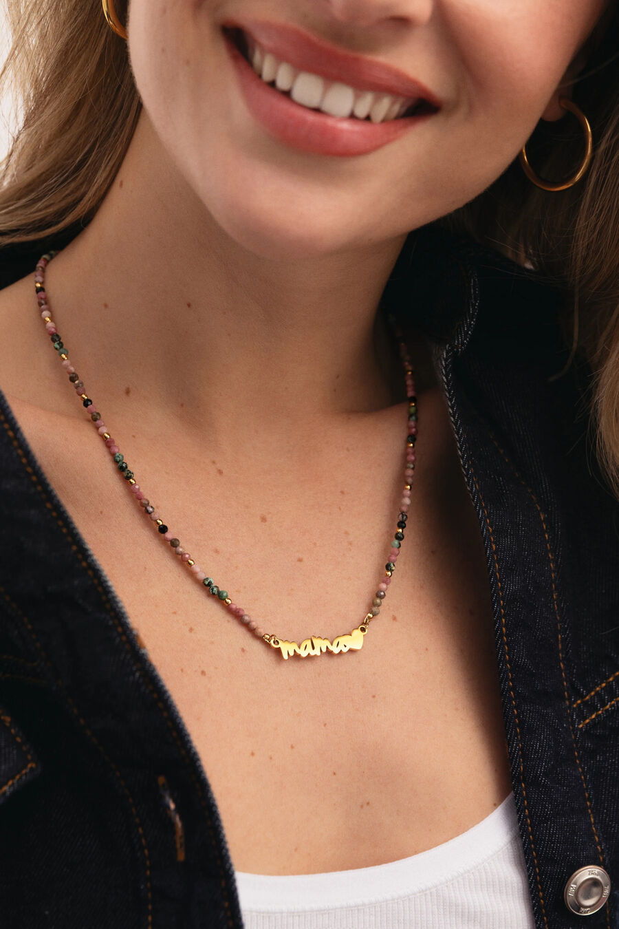 Collar Mamá Heart Tourmaline Acero Baño Oro