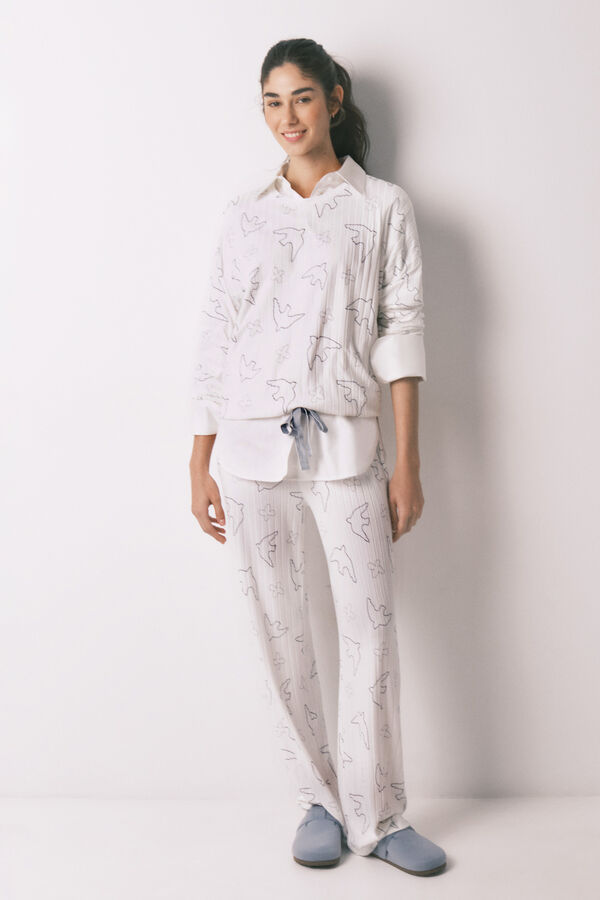 Women'secret Bela duga rebrasta pidžama sa printom ptica Print