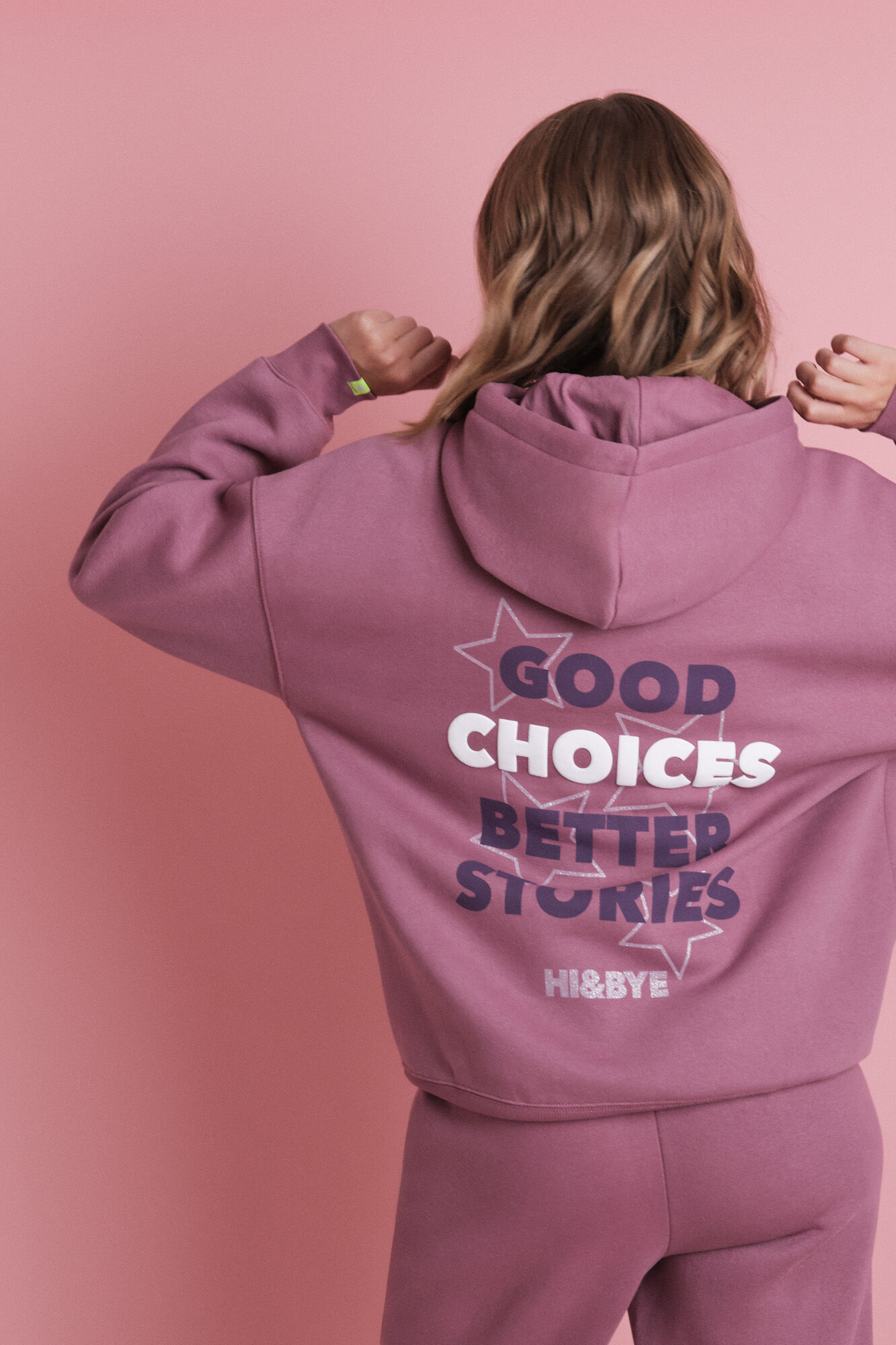 HI&BYE Sudadera capucha felpa rosa logo