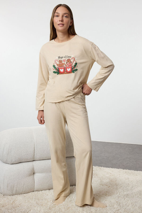 Trendyol Conjunto pijama galletas Navidad 100% algod&oacute;n beige