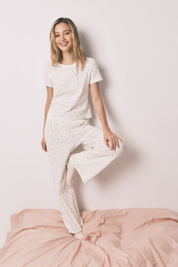 HI&BYE Bela pamučna duga pidžama sa printom sitnih cvetova` Print