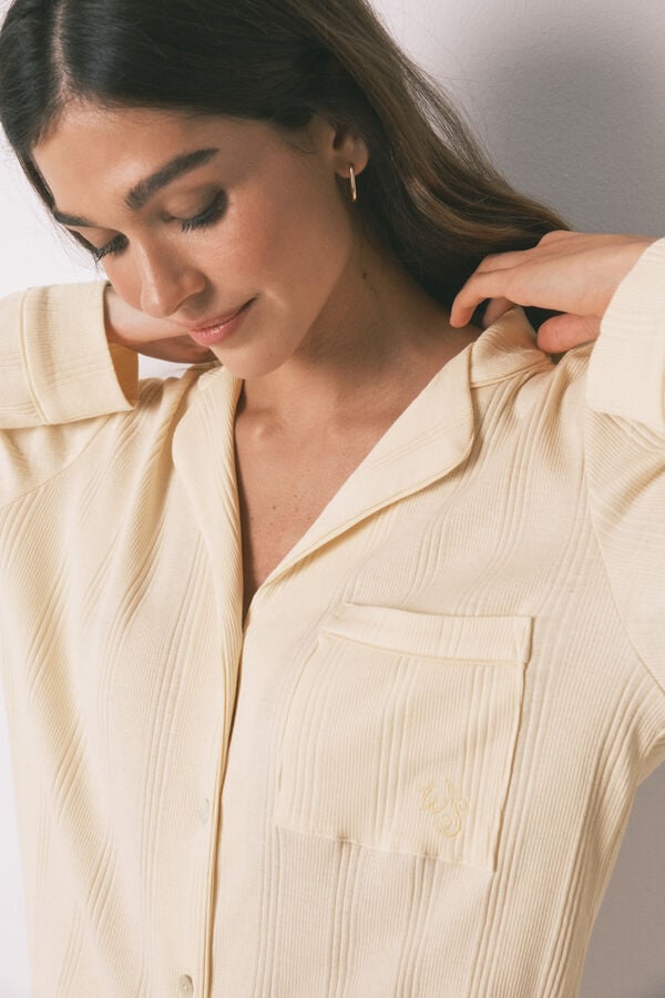 Women'secret Žuta pamučna duga rebrasta ko&scaron;ulja pidžama Bež