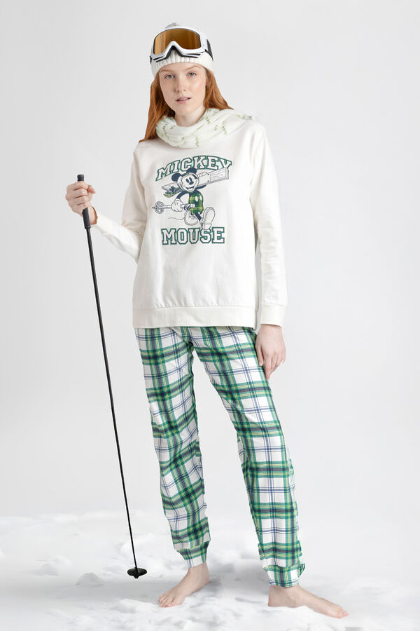 Admas Pijama comprido felpa xadrez 100% algod&atilde;o Ski Mickey bege