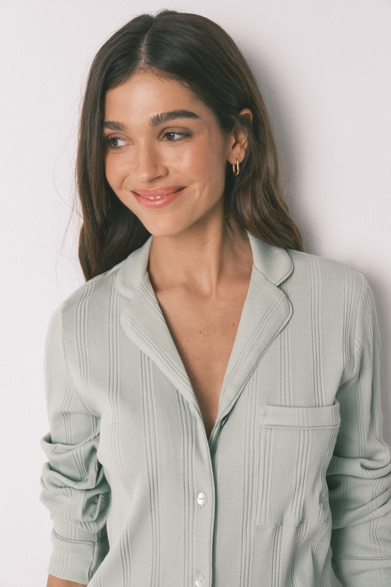 Women'secret Zelena rebrasta pamučna duga ko&scaron;ulja pidžama