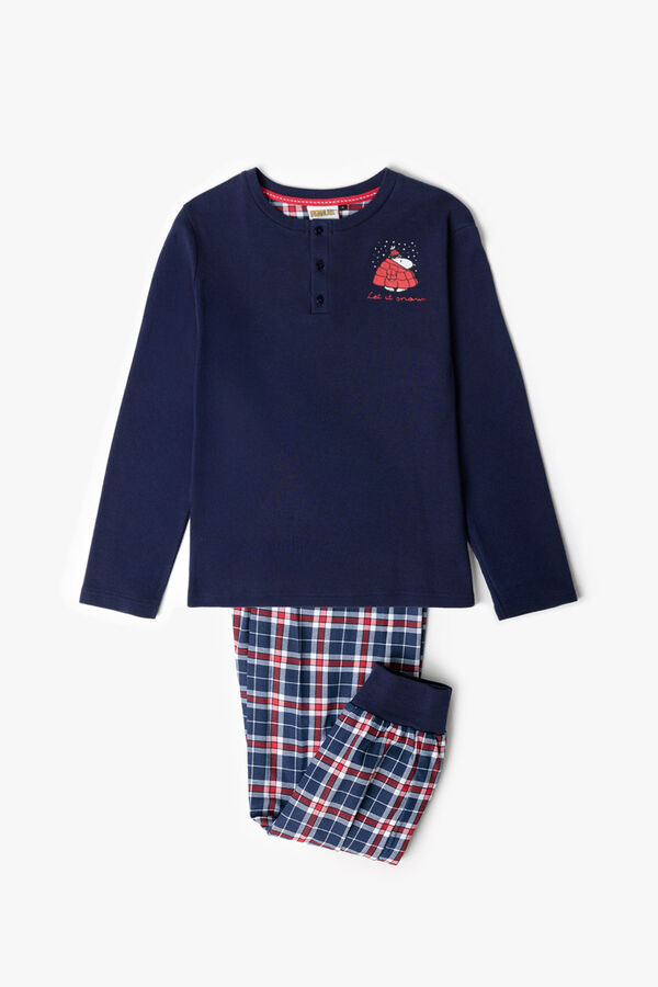 Admas Pijama infantil comprido Snoopy xadrez 100% algodão azul