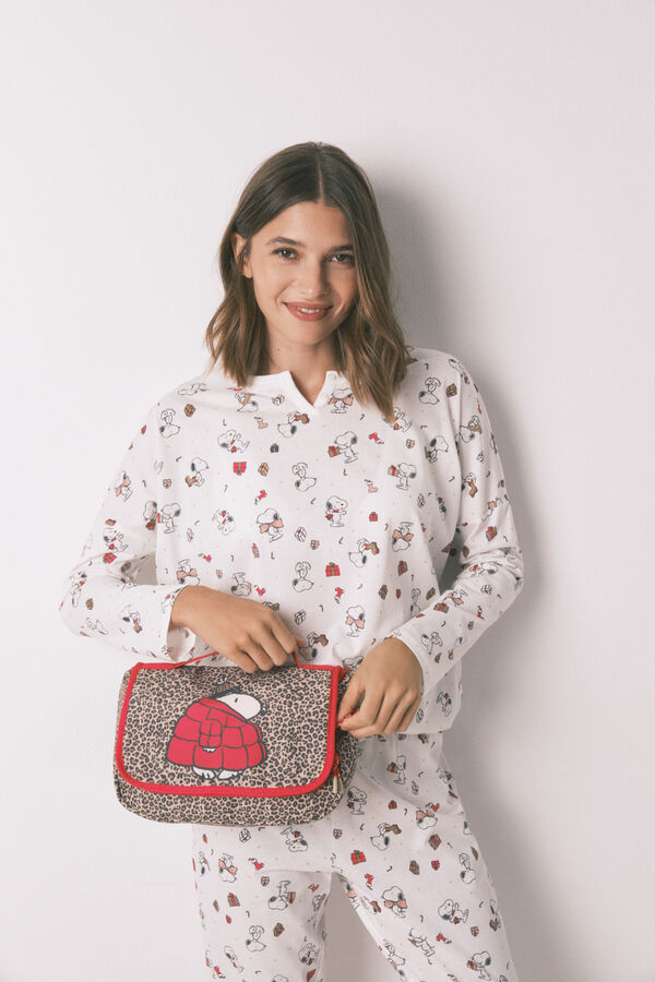 Women'secret Hosszú fehér pizsama 100% pamutból Snoopy bézs