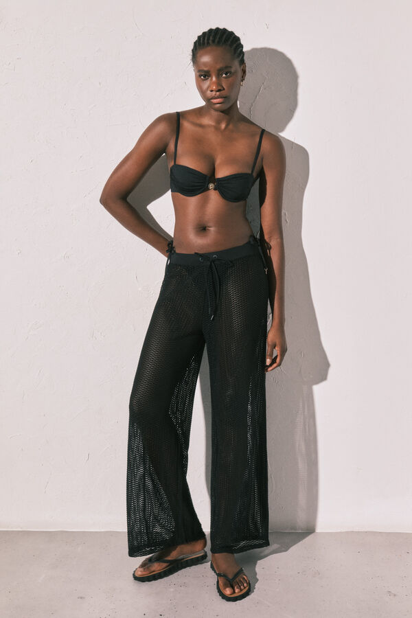 Women'secret Crne pletene mrežaste pantalone Crna