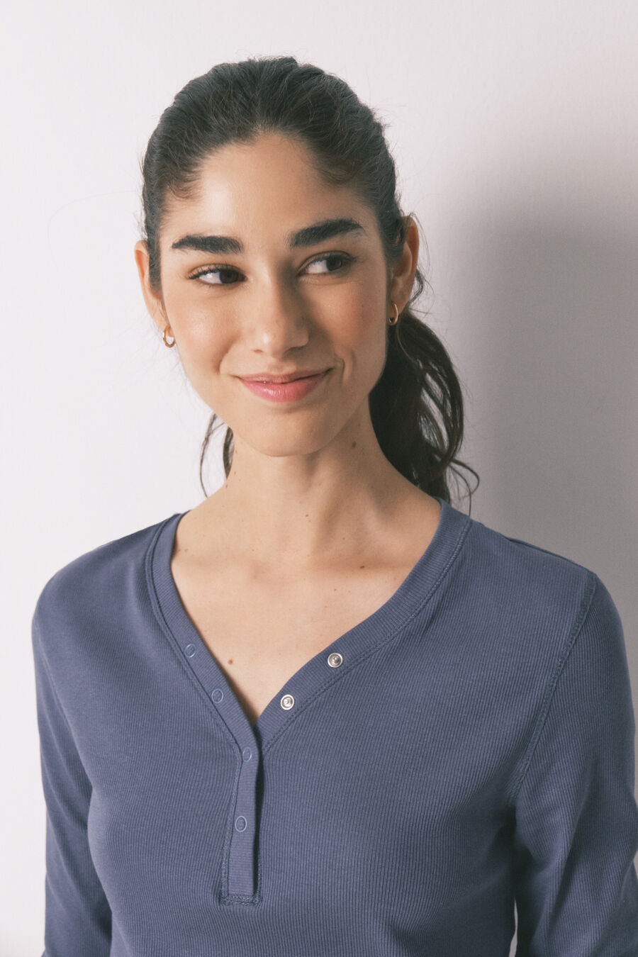 Camiseta manga larga algodón canalé azul