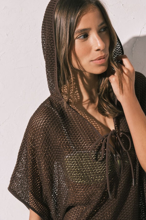 Women'secret Braon pletena kratka tunika sa kapuljačom Braon