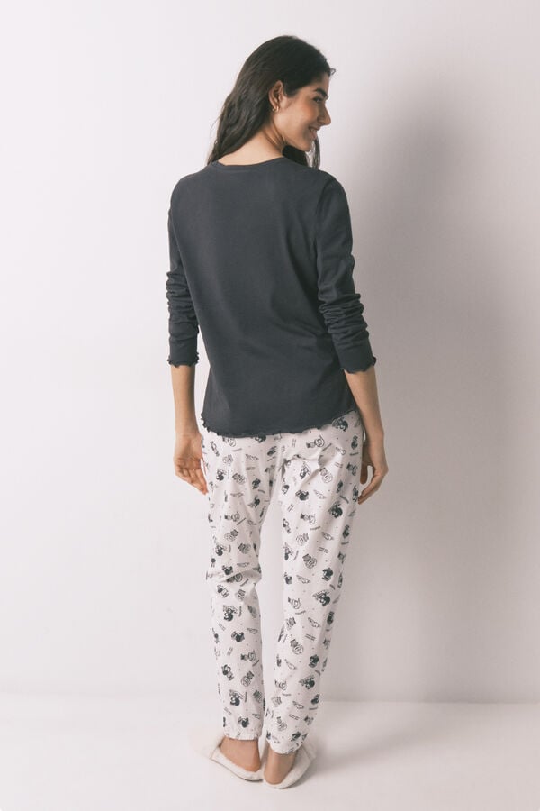 Women'secret Duga siva pamučna pidžama 100% s printom Mafalda Siva