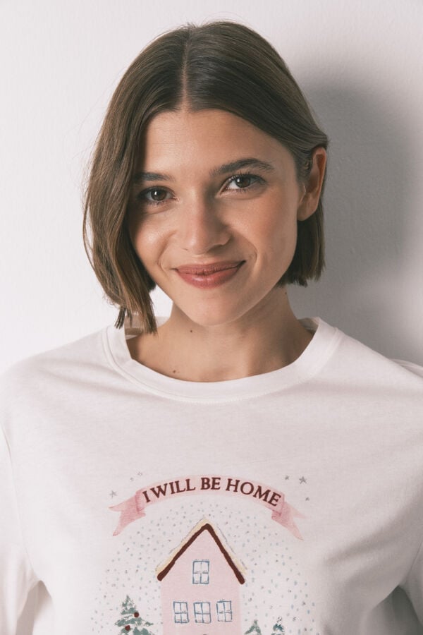 Women'secret Majica dugi rukav bele boje sa božićnim motivom od 100% pamuka  Bela