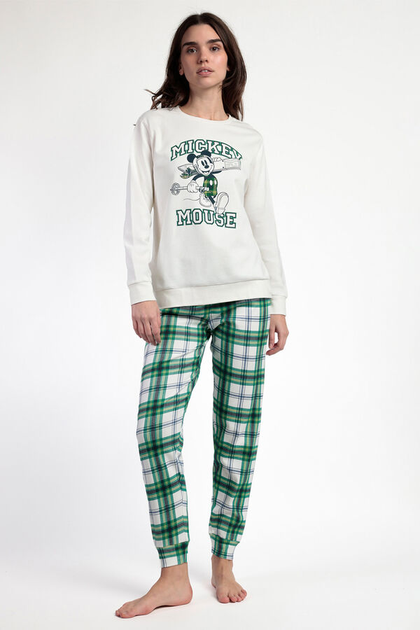 Admas Pijama comprido felpa xadrez 100% algod&atilde;o Ski Mickey bege