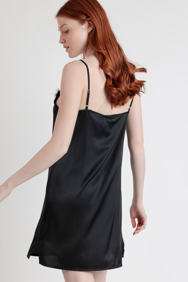 Admas Camisa de dormir de cetim com detalhe de plumas de marabu luxo preto