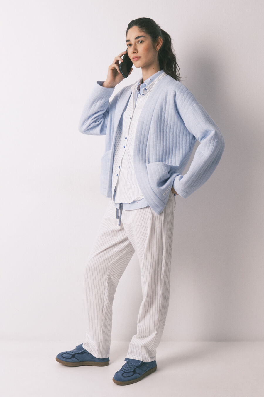 Pijama camisero largo 100% algodón blanco rayas